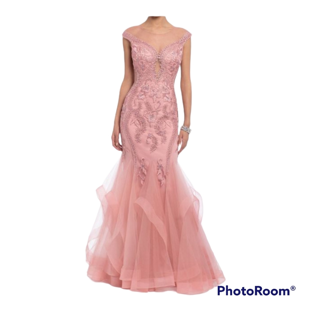 Camille LA VIE Embroidered Illusion Cap Sleeve Mermaid Dress